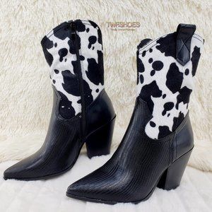 Cow Faux Fur Black Western Cow Girl Ankle Boots
